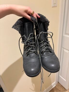 Gray Lace-Up Knit-Cuff Ankle Boots